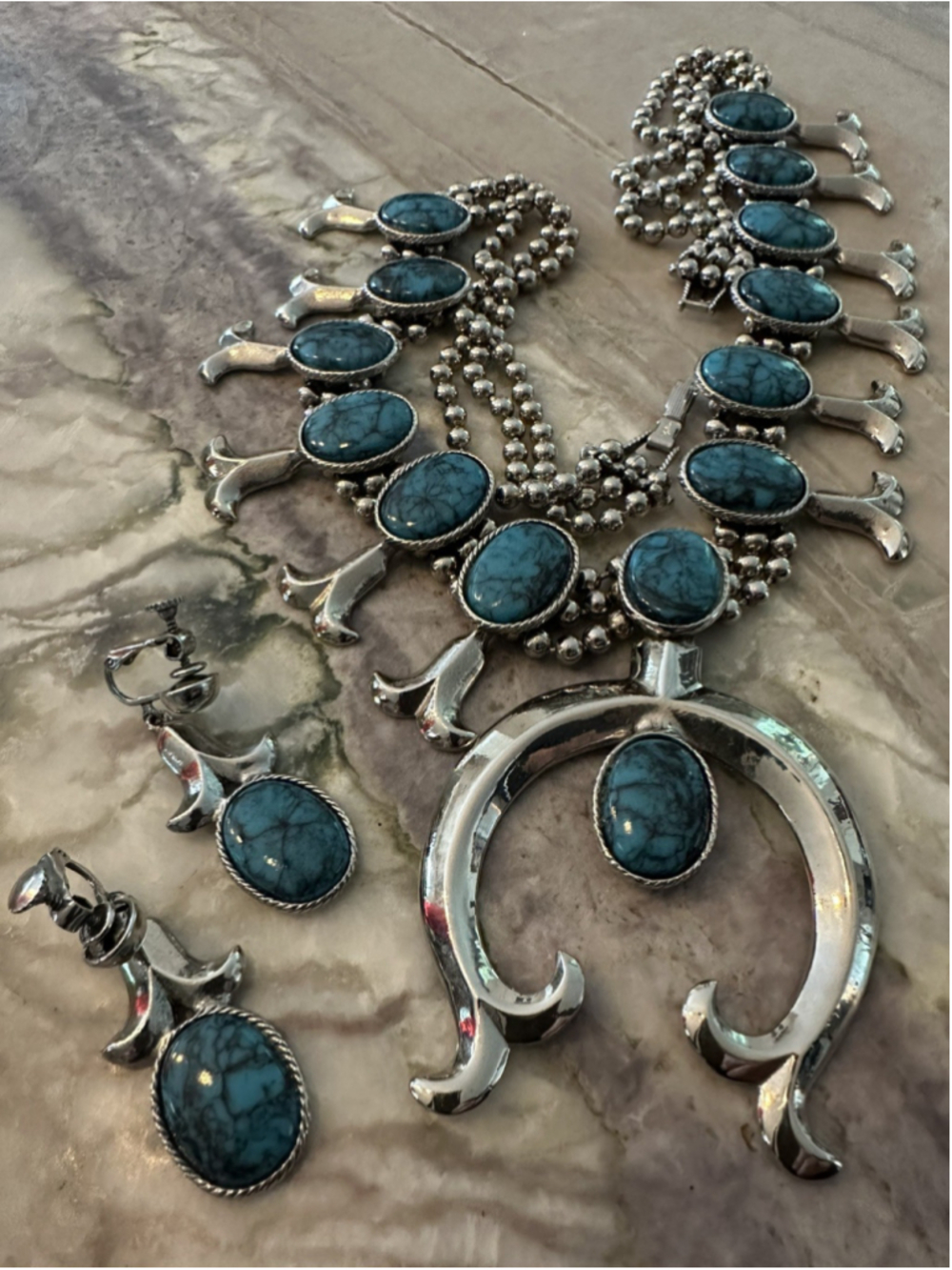 Vtg Goldette Signed Squash Blossom Necklace& Earring Set Turquoise blue silver - Picture 5 of 8